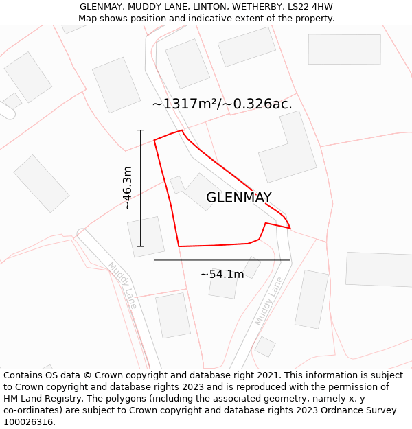 GLENMAY, MUDDY LANE, LINTON, WETHERBY, LS22 4HW: Plot and title map