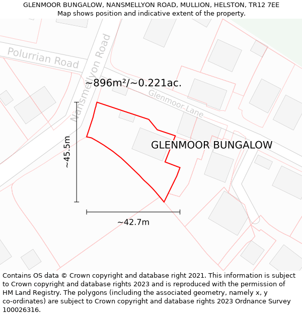 GLENMOOR BUNGALOW, NANSMELLYON ROAD, MULLION, HELSTON, TR12 7EE: Plot and title map