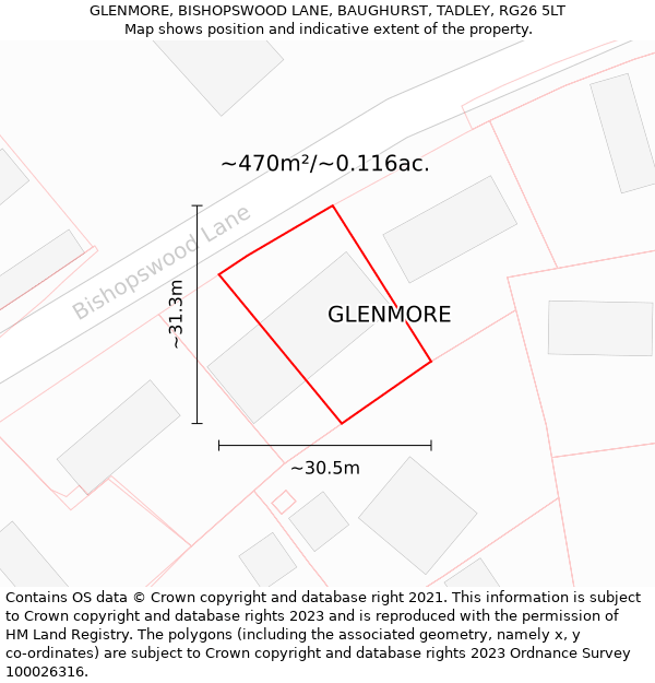 GLENMORE, BISHOPSWOOD LANE, BAUGHURST, TADLEY, RG26 5LT: Plot and title map