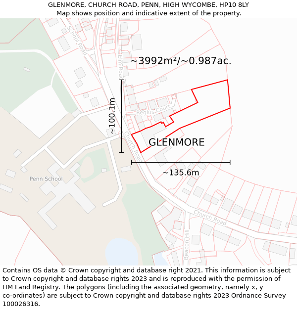 GLENMORE, CHURCH ROAD, PENN, HIGH WYCOMBE, HP10 8LY: Plot and title map