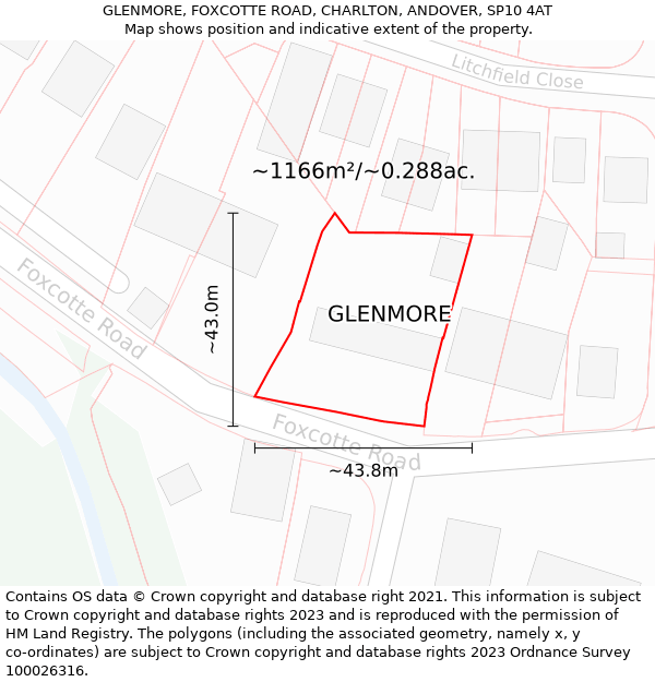 GLENMORE, FOXCOTTE ROAD, CHARLTON, ANDOVER, SP10 4AT: Plot and title map