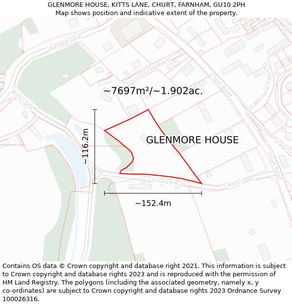 GLENMORE HOUSE, KITTS LANE, CHURT, FARNHAM, GU10 2PH: Plot and title map