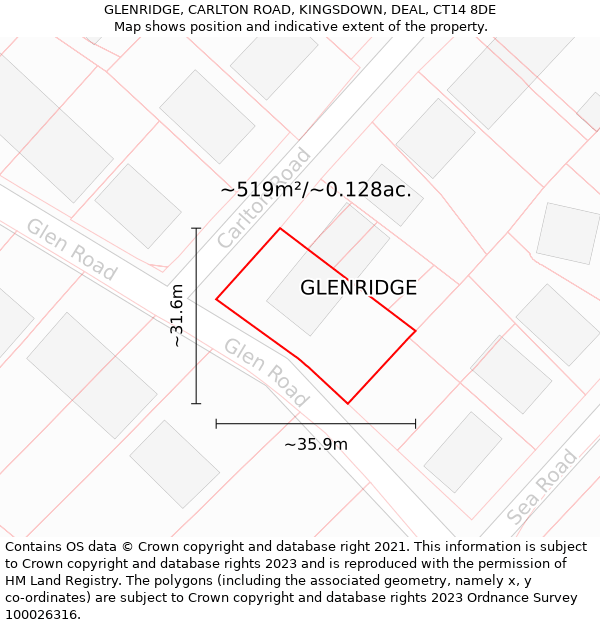 GLENRIDGE, CARLTON ROAD, KINGSDOWN, DEAL, CT14 8DE: Plot and title map