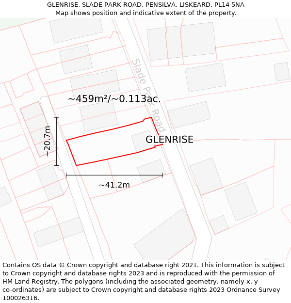 GLENRISE, SLADE PARK ROAD, PENSILVA, LISKEARD, PL14 5NA: Plot and title map