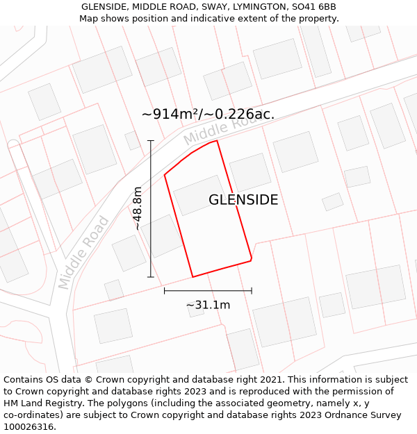 GLENSIDE, MIDDLE ROAD, SWAY, LYMINGTON, SO41 6BB: Plot and title map