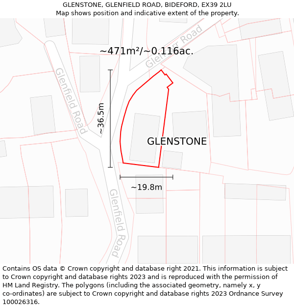 GLENSTONE, GLENFIELD ROAD, BIDEFORD, EX39 2LU: Plot and title map
