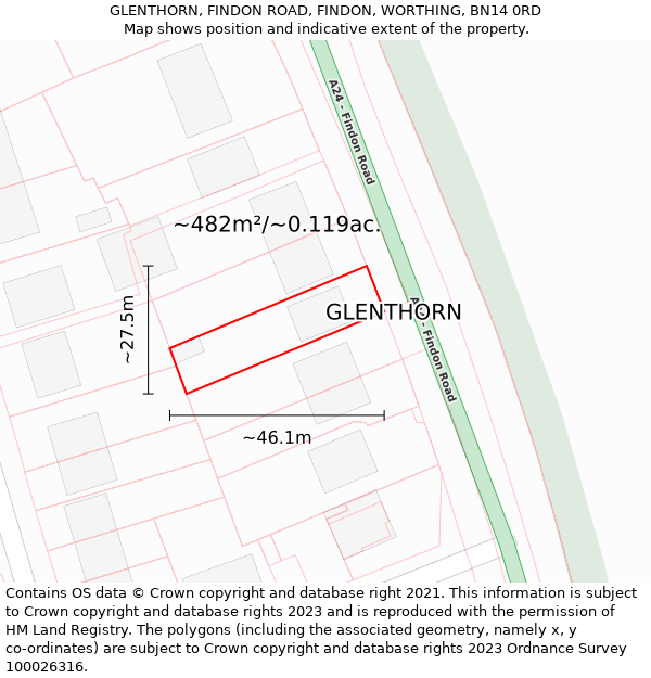 GLENTHORN, FINDON ROAD, FINDON, WORTHING, BN14 0RD: Plot and title map