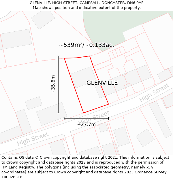 GLENVILLE, HIGH STREET, CAMPSALL, DONCASTER, DN6 9AF: Plot and title map
