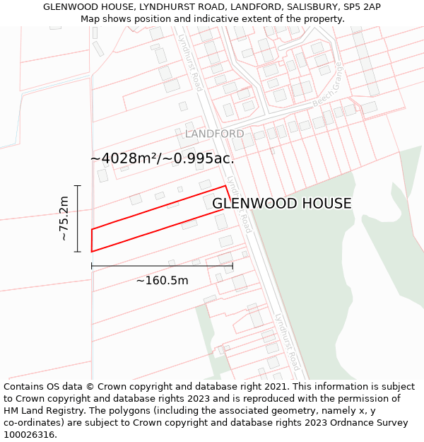 GLENWOOD HOUSE, LYNDHURST ROAD, LANDFORD, SALISBURY, SP5 2AP: Plot and title map