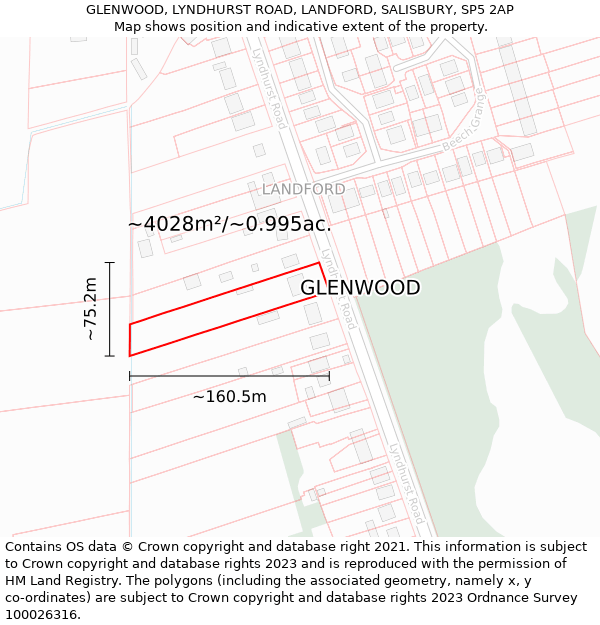 GLENWOOD, LYNDHURST ROAD, LANDFORD, SALISBURY, SP5 2AP: Plot and title map