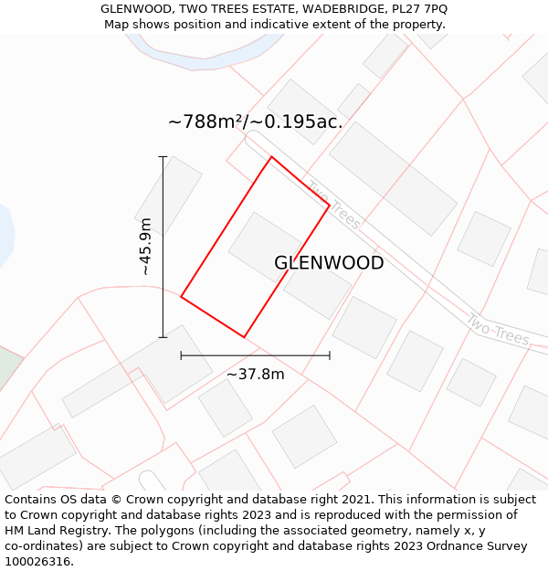 GLENWOOD, TWO TREES ESTATE, WADEBRIDGE, PL27 7PQ: Plot and title map