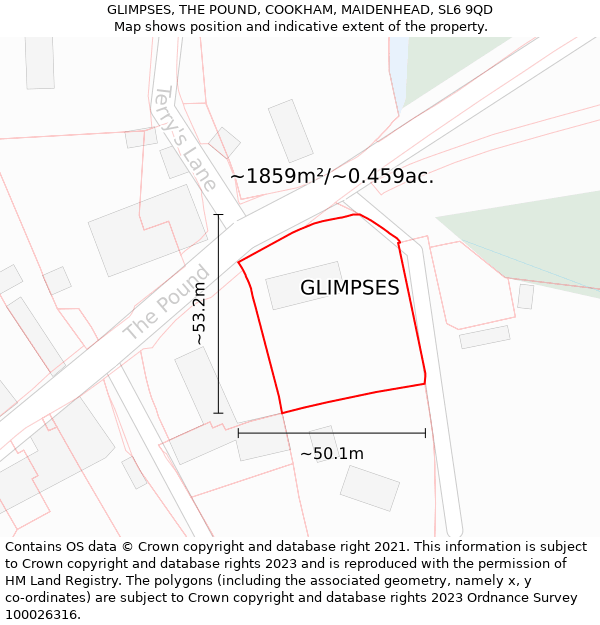 GLIMPSES, THE POUND, COOKHAM, MAIDENHEAD, SL6 9QD: Plot and title map