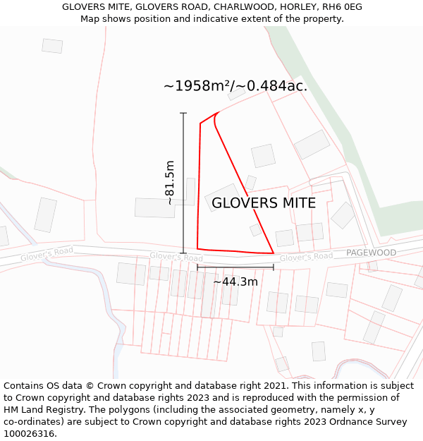GLOVERS MITE, GLOVERS ROAD, CHARLWOOD, HORLEY, RH6 0EG: Plot and title map