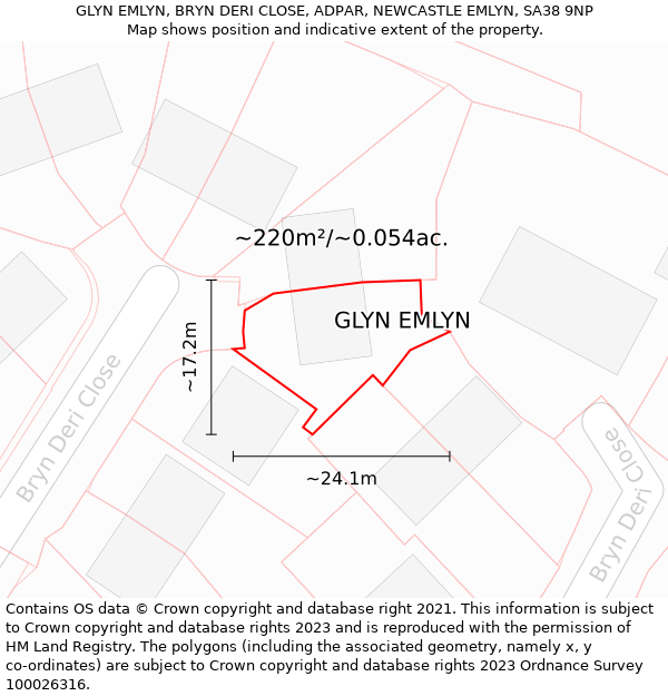 GLYN EMLYN, BRYN DERI CLOSE, ADPAR, NEWCASTLE EMLYN, SA38 9NP: Plot and title map