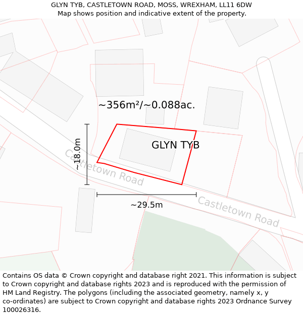 GLYN TYB, CASTLETOWN ROAD, MOSS, WREXHAM, LL11 6DW: Plot and title map