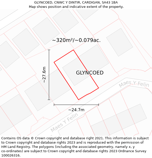 GLYNCOED, CNWC Y DINTIR, CARDIGAN, SA43 1BA: Plot and title map