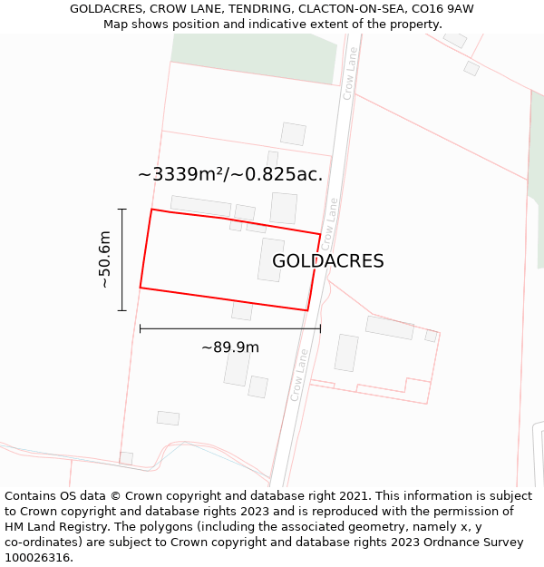 GOLDACRES, CROW LANE, TENDRING, CLACTON-ON-SEA, CO16 9AW: Plot and title map