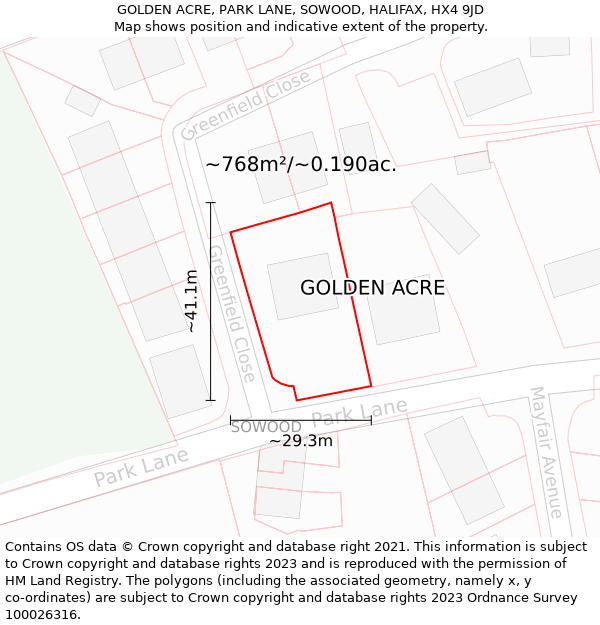 GOLDEN ACRE, PARK LANE, SOWOOD, HALIFAX, HX4 9JD: Plot and title map