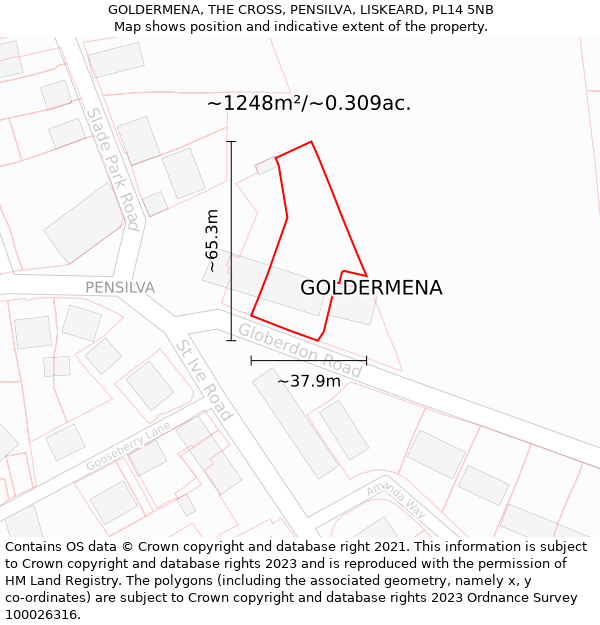 GOLDERMENA, THE CROSS, PENSILVA, LISKEARD, PL14 5NB: Plot and title map