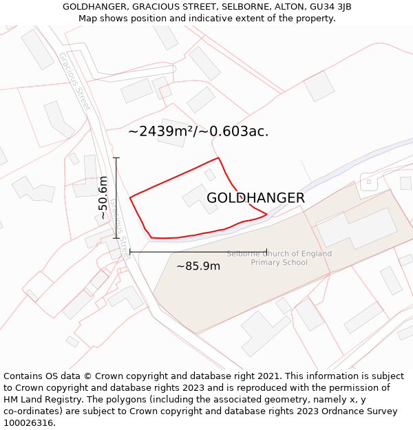 GOLDHANGER, GRACIOUS STREET, SELBORNE, ALTON, GU34 3JB: Plot and title map