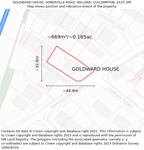 GOLDWARD HOUSE, SOMERVILLE ROAD, WILLAND, CULLOMPTON, EX15 2PP: Plot and title map
