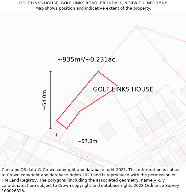 GOLF LINKS HOUSE, GOLF LINKS ROAD, BRUNDALL, NORWICH, NR13 5NY: Plot and title map