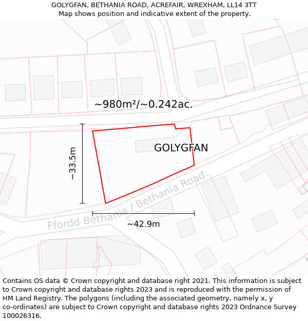 GOLYGFAN, BETHANIA ROAD, ACREFAIR, WREXHAM, LL14 3TT: Plot and title map