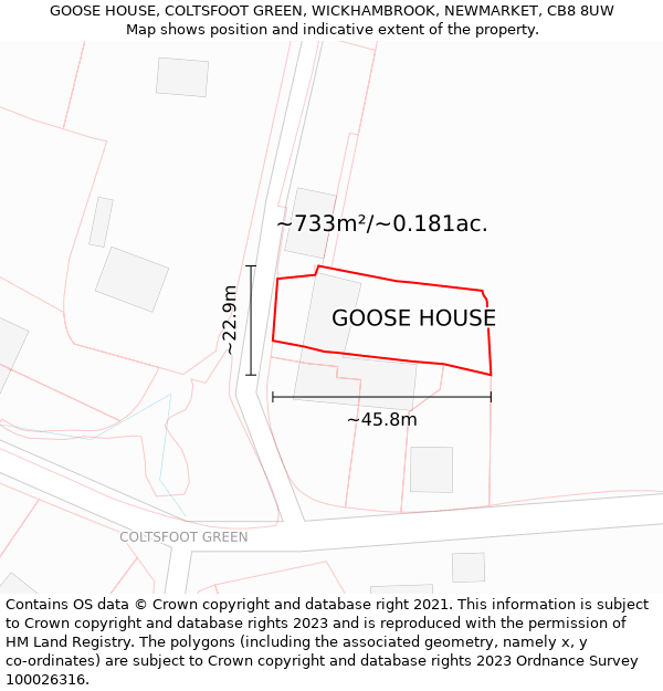 GOOSE HOUSE, COLTSFOOT GREEN, WICKHAMBROOK, NEWMARKET, CB8 8UW: Plot and title map