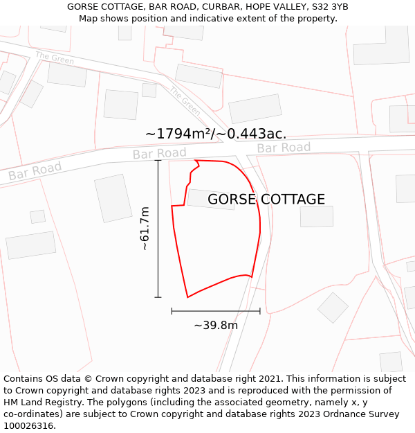 GORSE COTTAGE, BAR ROAD, CURBAR, HOPE VALLEY, S32 3YB: Plot and title map