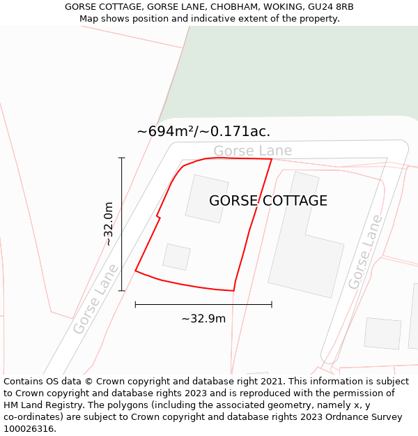 GORSE COTTAGE, GORSE LANE, CHOBHAM, WOKING, GU24 8RB: Plot and title map