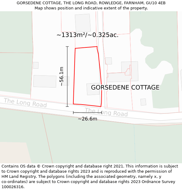 GORSEDENE COTTAGE, THE LONG ROAD, ROWLEDGE, FARNHAM, GU10 4EB: Plot and title map