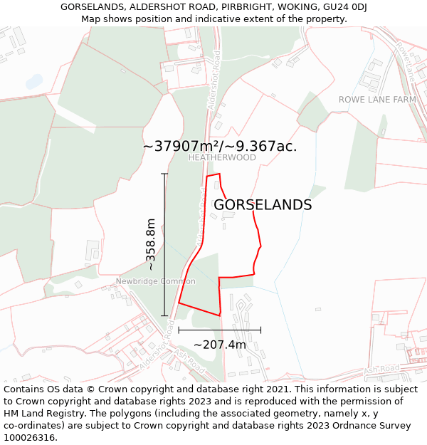 GORSELANDS, ALDERSHOT ROAD, PIRBRIGHT, WOKING, GU24 0DJ: Plot and title map