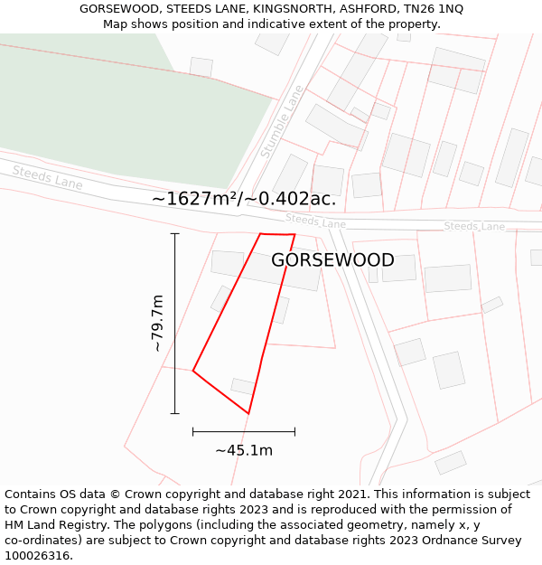 GORSEWOOD, STEEDS LANE, KINGSNORTH, ASHFORD, TN26 1NQ: Plot and title map