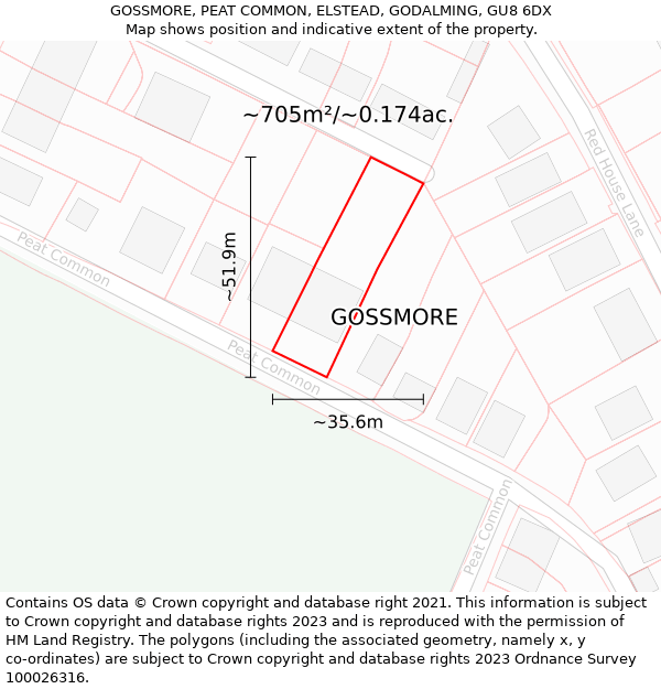GOSSMORE, PEAT COMMON, ELSTEAD, GODALMING, GU8 6DX: Plot and title map