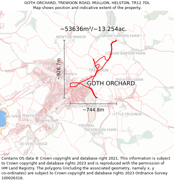 GOTH ORCHARD, TREWOON ROAD, MULLION, HELSTON, TR12 7DL: Plot and title map