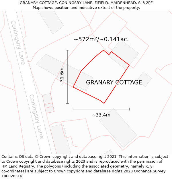 GRANARY COTTAGE, CONINGSBY LANE, FIFIELD, MAIDENHEAD, SL6 2PF: Plot and title map