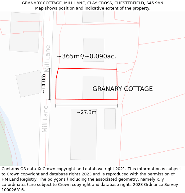 GRANARY COTTAGE, MILL LANE, CLAY CROSS, CHESTERFIELD, S45 9AN: Plot and title map