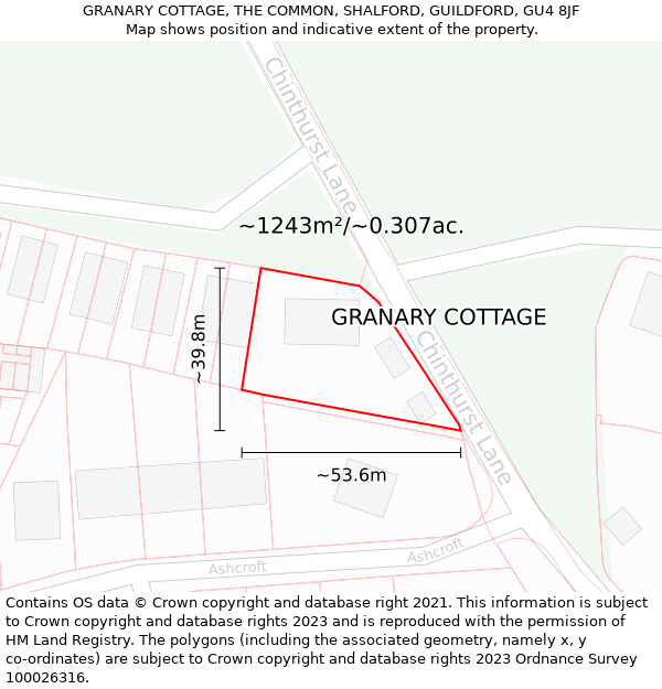 GRANARY COTTAGE, THE COMMON, SHALFORD, GUILDFORD, GU4 8JF: Plot and title map