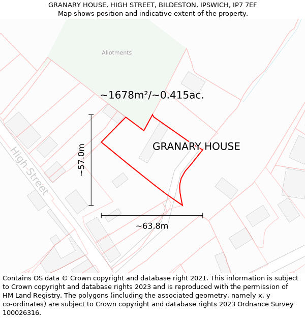 GRANARY HOUSE, HIGH STREET, BILDESTON, IPSWICH, IP7 7EF: Plot and title map