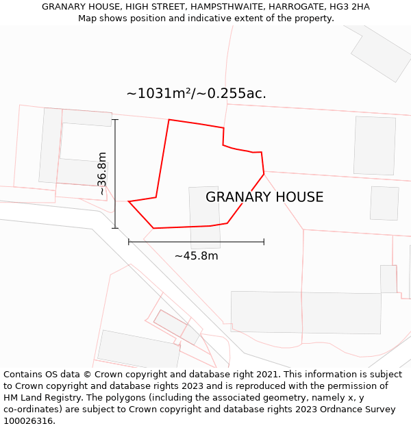 GRANARY HOUSE, HIGH STREET, HAMPSTHWAITE, HARROGATE, HG3 2HA: Plot and title map