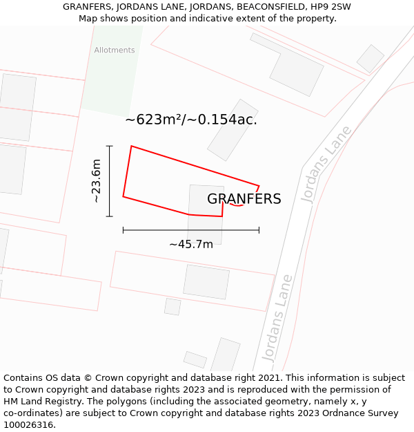 GRANFERS, JORDANS LANE, JORDANS, BEACONSFIELD, HP9 2SW: Plot and title map