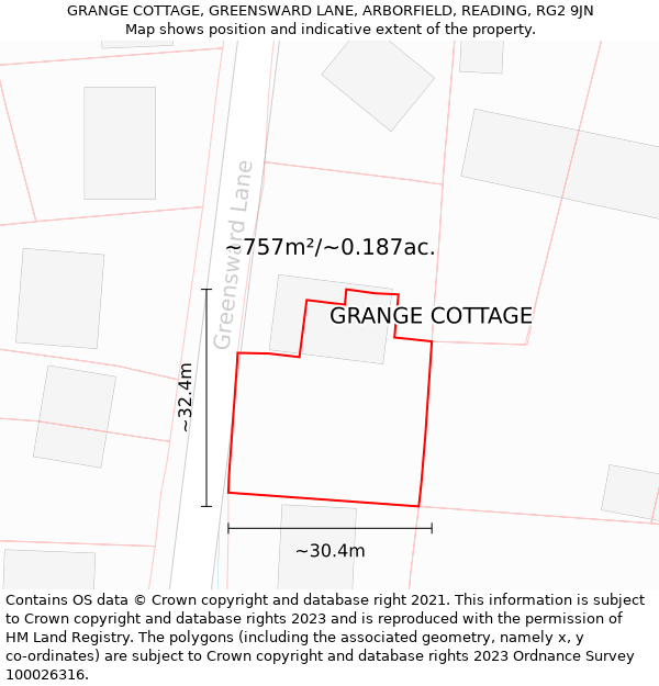 GRANGE COTTAGE, GREENSWARD LANE, ARBORFIELD, READING, RG2 9JN: Plot and title map