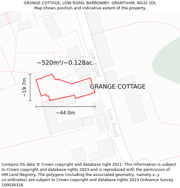 GRANGE COTTAGE, LOW ROAD, BARROWBY, GRANTHAM, NG32 1DL: Plot and title map