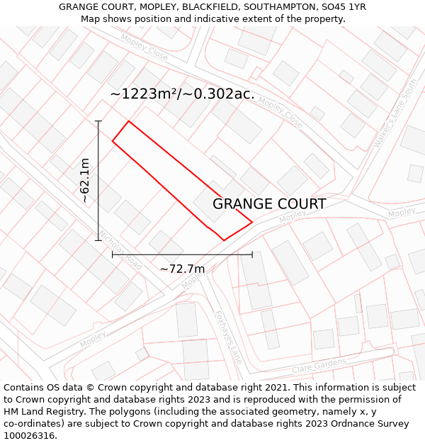 GRANGE COURT, MOPLEY, BLACKFIELD, SOUTHAMPTON, SO45 1YR: Plot and title map