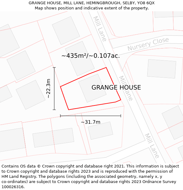 GRANGE HOUSE, MILL LANE, HEMINGBROUGH, SELBY, YO8 6QX: Plot and title map