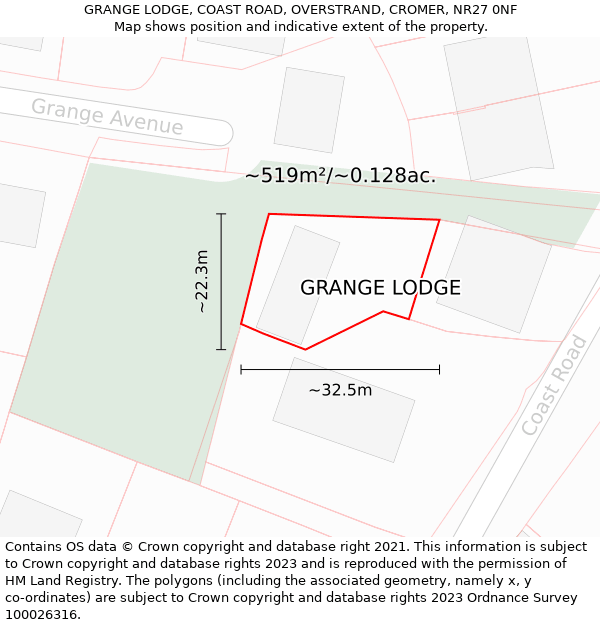 GRANGE LODGE, COAST ROAD, OVERSTRAND, CROMER, NR27 0NF: Plot and title map