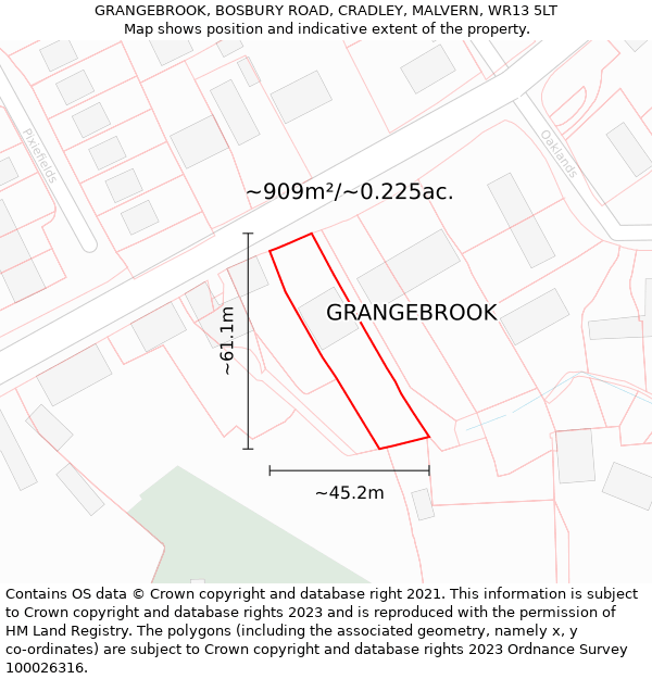 GRANGEBROOK, BOSBURY ROAD, CRADLEY, MALVERN, WR13 5LT: Plot and title map