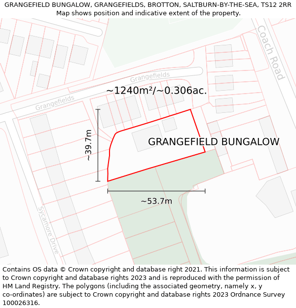 GRANGEFIELD BUNGALOW, GRANGEFIELDS, BROTTON, SALTBURN-BY-THE-SEA, TS12 2RR: Plot and title map