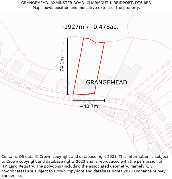 GRANGEMEAD, AXMINSTER ROAD, CHARMOUTH, BRIDPORT, DT6 6BS: Plot and title map