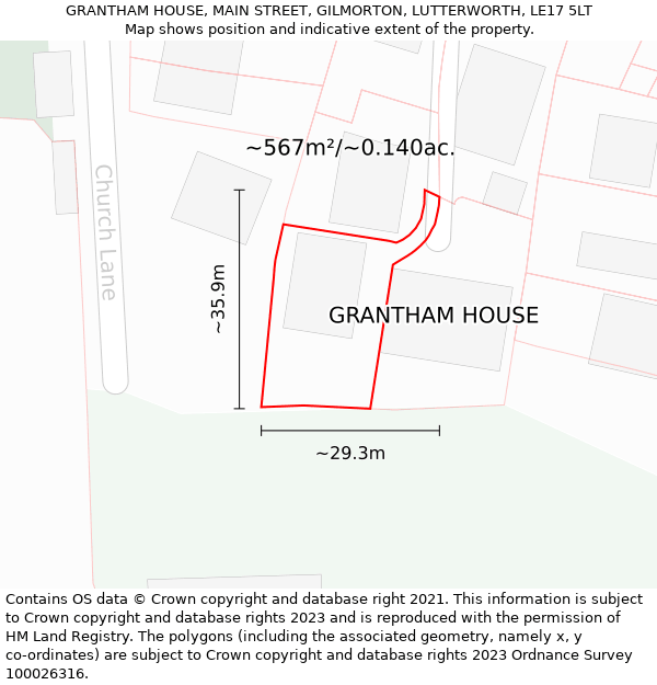 GRANTHAM HOUSE, MAIN STREET, GILMORTON, LUTTERWORTH, LE17 5LT: Plot and title map